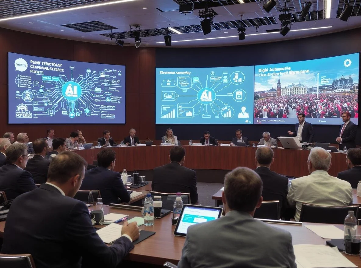 Moderne Wahlversammlung mit KI-Diagrammen und politischen Daten auf Bildschirmen